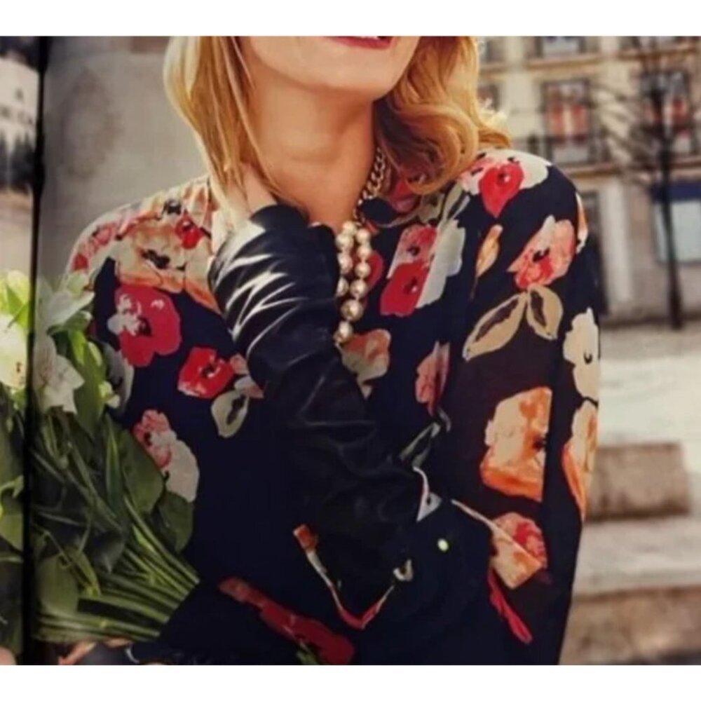 CAbi Poppy Blouse Medium* Tunic Top Navy Pink Floral Sheer lined Long Sleeve - Picture 10 of 10